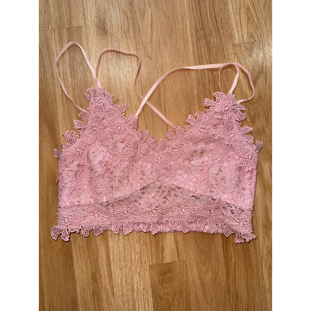 Sugar + Lips Pink Floral Lace Bralette Adjustable Straps Smocked Back Small